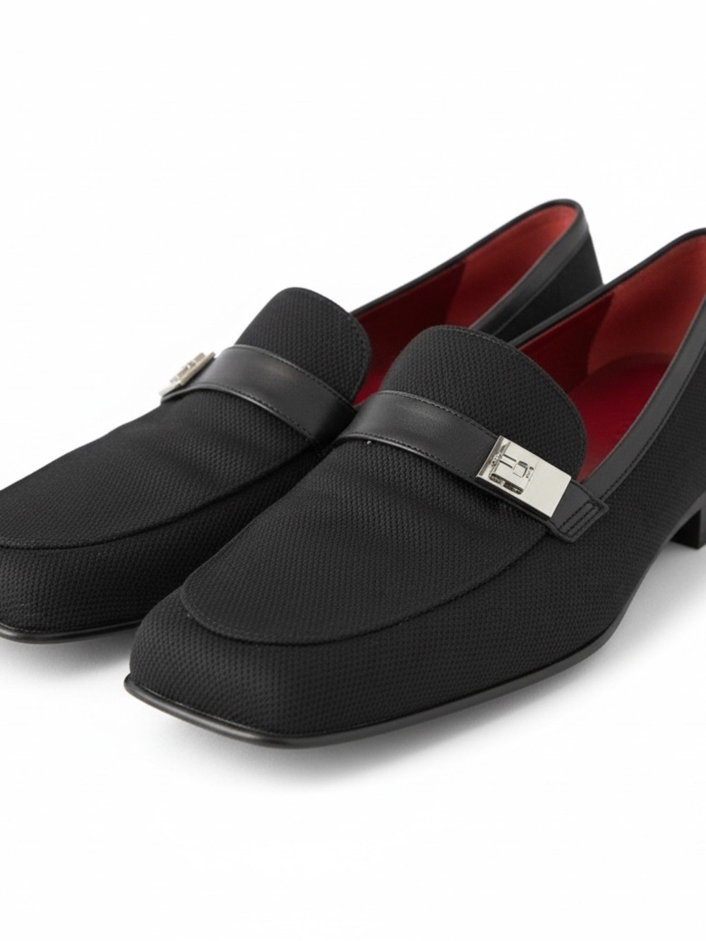 Salvatore Ferragamo Black Loafers with Red Lining and Silver Hardware